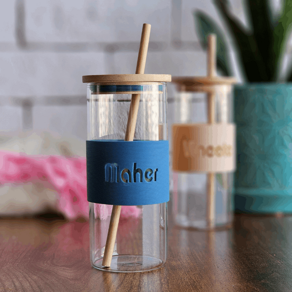 Customized Glass Tumblers with Silicone Band, Bamboo Lid & Straw