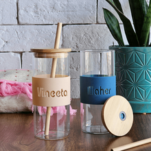 Customized Glass Tumblers with Silicone Band, Bamboo Lid & Straw