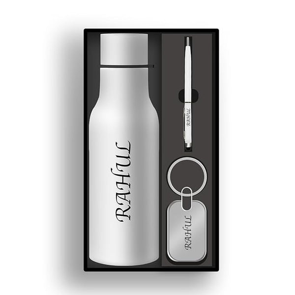 Personalized Gift Set– Custom Name Bottle, Pen, Keychain & Tag in Elegant Box