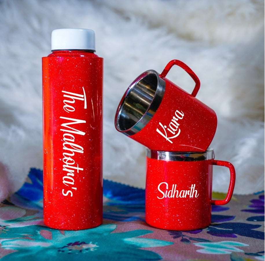 Red Sparkling Bottle & Mugs