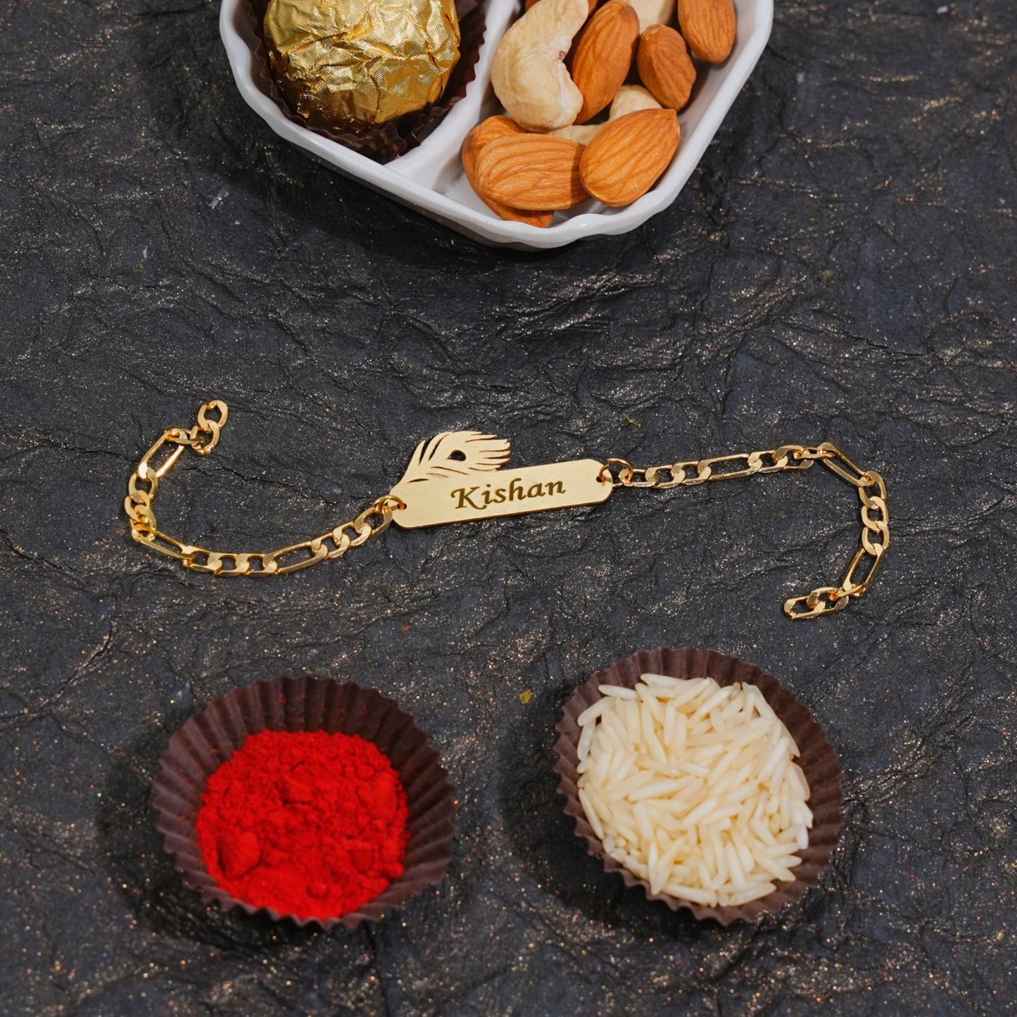 Personalized Metal Shri Krishna Feather Rakhi With Name